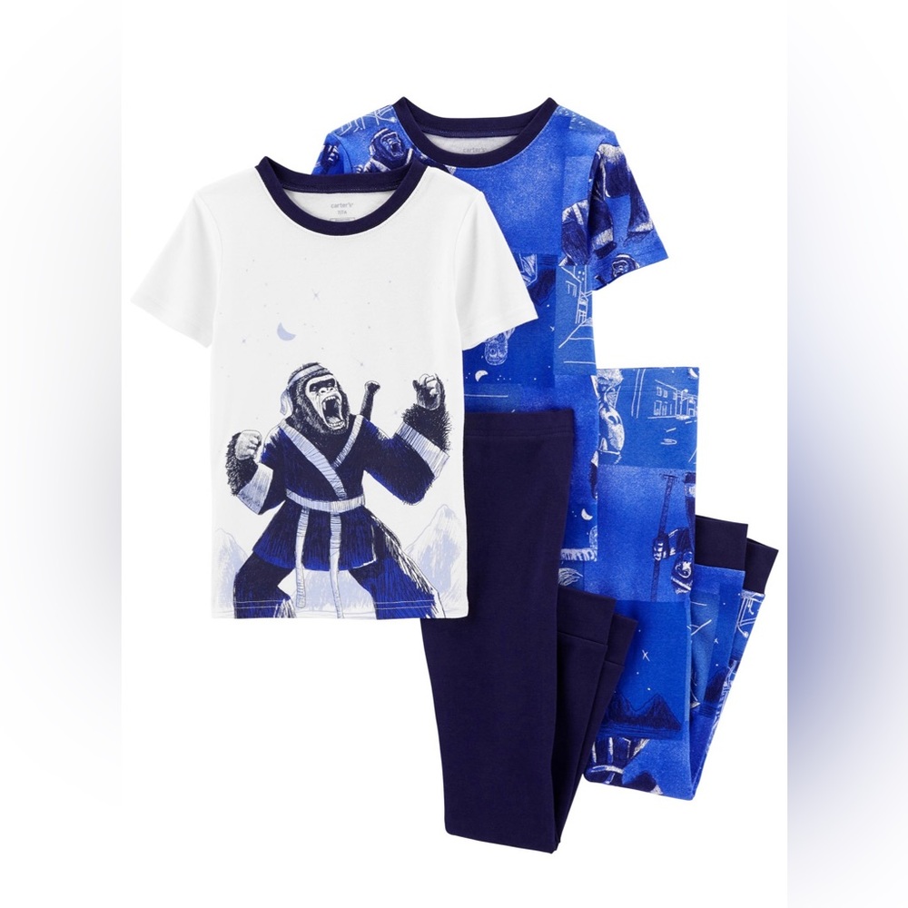 Big Boys Ninja Gorilla Pajama and Short Sleeves T-shirt, 4-Piece Set